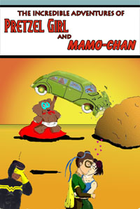 Small cover image, Mamo-chan smashes a car in a pose similar to the cover ACTION COMICS #1.